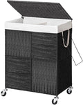 WOWLIVE Double Laundry Hamper with Lid, Handwoven Rolling Laundry Basket with Wheels, 115L Dirty Clothes Hamper with Removable Liner Bag Large Capacity Laundry Sorter Laundry Room Organization,Black