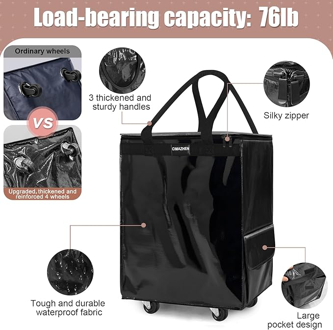 (Medium,Black) Reusable Grocery Bag on Wheels, Foldable Rolling Tote Bag with 3 Handles and Zipper, Storage Organizer for Clothes & Groceries, Rolling Shopping Cart for Trips, 76lb