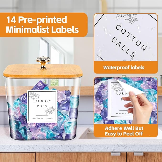 4 Pack Laundry Room Organization Storage Containers Acrylic Jars and Dryer Sheet Container with Lids and Labels for Laundry Detergent Laundry Pods Containers Dry Sheet Organizing