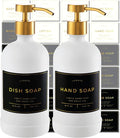 Hand and Dish Soap Dispenser for Kitchen and Bathroom, Set of 2 16 Oz Glass Bottles, Stainless Steel Pumps, Non-Slip Silicone Base, 27 Waterproof Labels (Matte White Bottle/Brushed Gold Pump)