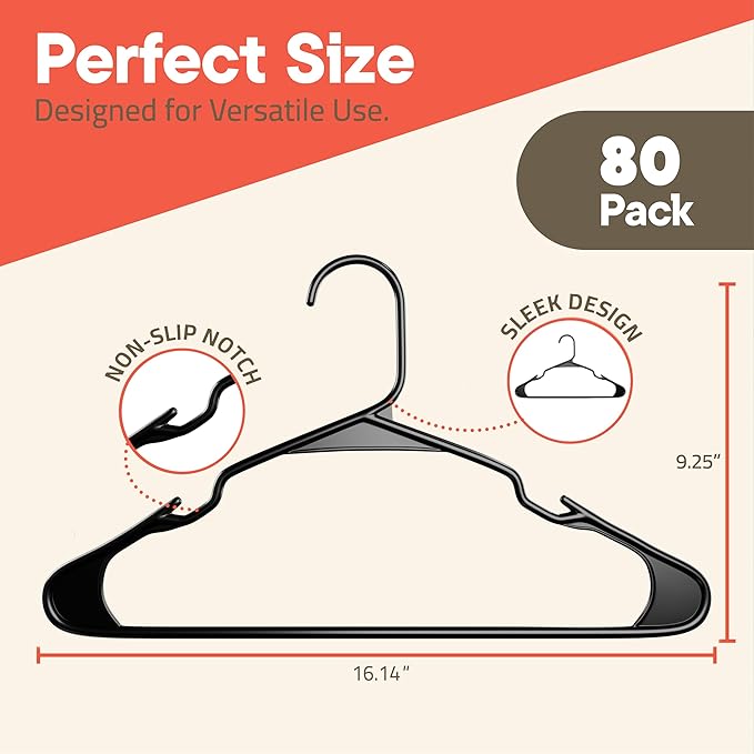 Black Plastic Hangers 80 Pack– Heavy-Duty Plastic Hangers Slim and Space-Saving, Durable and Lightweight PP with Non-Slip Shoulder Notches for Slip Dresses, Suits, Jackets & Camisoles