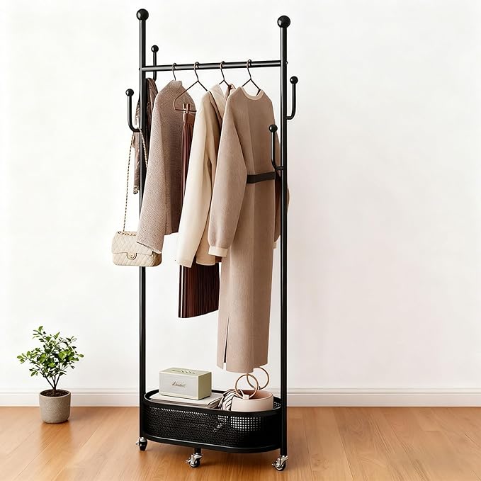 Coat Rack Freestanding Clothing Rack with Wheels & 1 Storage & 4 Hooks Heavy Duty Clothes Rack for Corner Bedroom Entryway Living Room Hotel (Black)