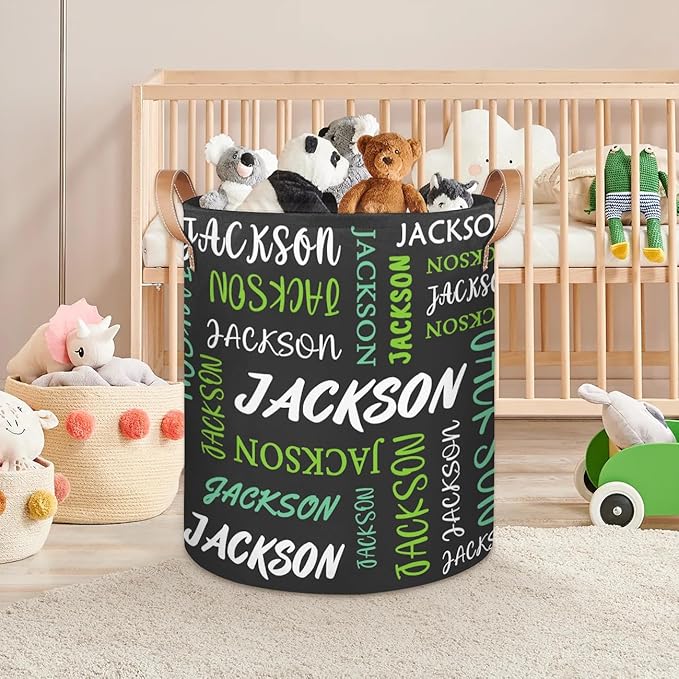 Custom Name Large Laundry-Basket for Kids-Boys-Girls, Personalized Foldable Waterproof Laundry Hamper Dirty Clothes Toys Storage Bin with Handles,Grey Green
