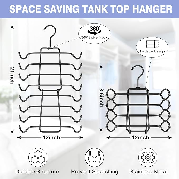 2Pcs Tank Top Hangers Space Saving Hanger Organizer Bra Hangers for Closet Organizer 360° Rotating Metal Closet Organizers and Storage Lingerie for Cami Bras Belts Swimsuits Lingeries Black
