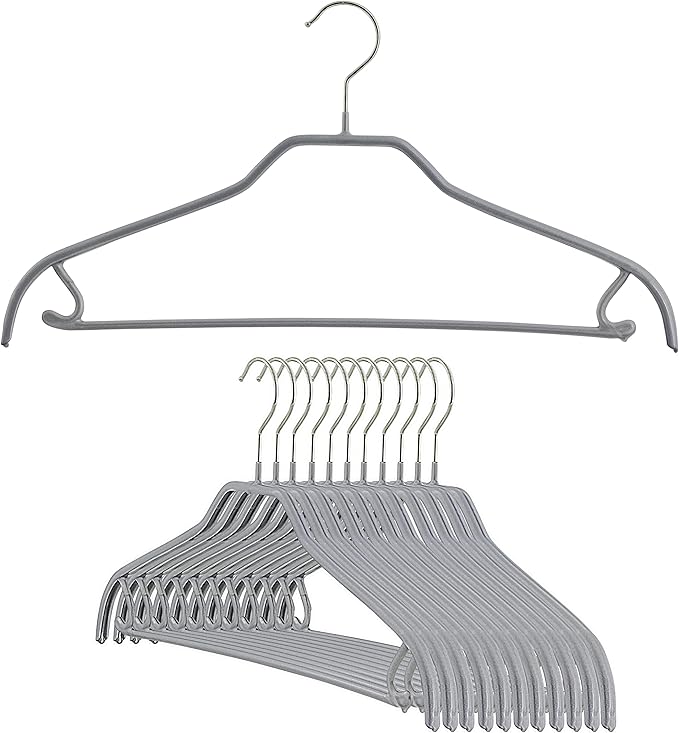 Mawa by Reston Lloyd Silhouette Series Non-Slip Space Saving Clothes Hanger with Bar & Hook for Pants and Skirts, Style 41/FRS, Set of 12, Silver
