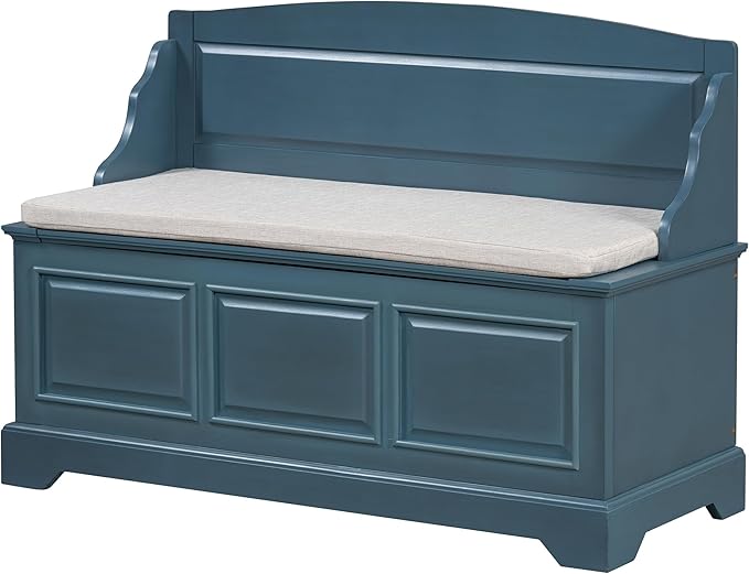 LUMISOL Shoe Storage Bench with Cushion, Farmhouse Entryway Bench with Soft-Close Devices and Hidden Storage, Upholstered Storage Ottoman for Living Room, Entryway, Bedroom, Antique Navy