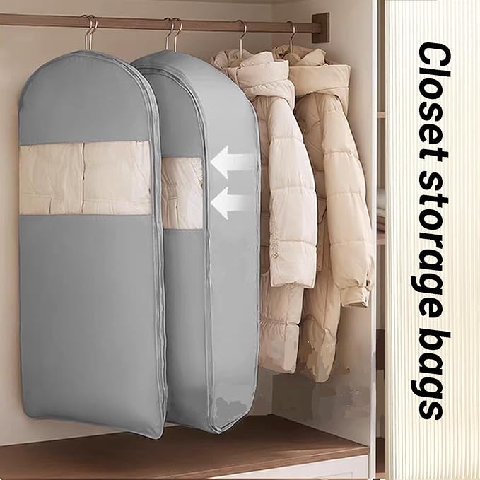 Space Saving Hanging Compression Garment Bag with Zipper for Closet Storage, Hanging Clothes Storage Bag, Garment Covers for Coats and Down Jackets, Gray, L