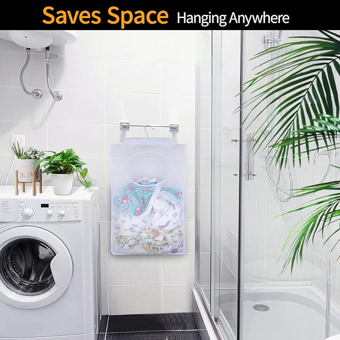 Breathable Mesh Laundry Hamper, Bringing Hooks Foldable Hanging Shower Caddy, Fast Drying Portable Space Saving Storage Bag, Applied to College Dorm Rooms, Gym, Swimming and RV Travel (White)