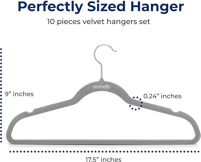 SereneLife 10 Pcs Grey Velvet Hangers – Premium Non-Slip Heavy Duty, 10 lb Capacity, Ultra-Thin Closet Organizers, with Space-Saving Design, Durable Metal Swivel Hook for Clothes Suits Dresses Tops