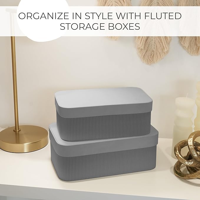 Decorative Storage Boxes with Lids – Set of 2 Beautiful Fluted Cardboard Organizer Bins for Your Home Bookshelf Decor to Safely Store Your Documents, Memory Box Items and Other Keepsakes in Style