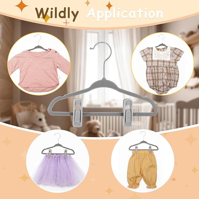 Soaoo 40 Pcs Baby Velvet Clips with 20 Baby Velvet Hangers, Pants Hangers Strong Finger Clips, Non Slip Kids Hanger for Kids, Toddler, Children's Closet & Nursery Closet (Grey)