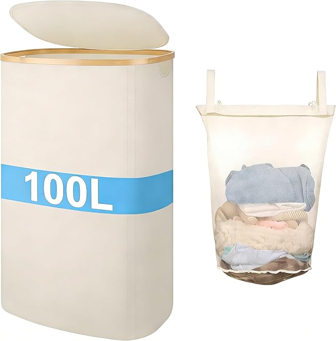 Laundry Hamper with Lid, 100L Clothes Hampers for Laundry with Bamboo Handles and A Removable Bag, Fordable laundry Basket with Lid for Bathroom, Bedroom, Dorm, Laundry Room