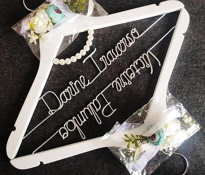 Personalized Wedding Dress Hanger with Pearl Detail, Custom Name Wire Hanger, Wooden Bridal Party Gift