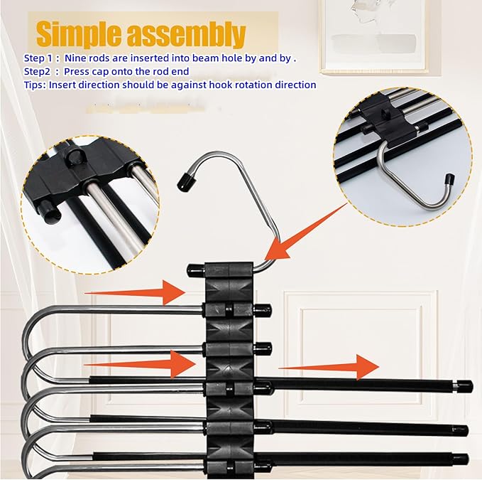 2Pack 9 Layers Foldable Pants Hangers Space Saving Trouser Hanger Multifunctional Trouser Rack Hanger Hanging Hole for Wardrobe Trousers Scarf Jeans (Black)