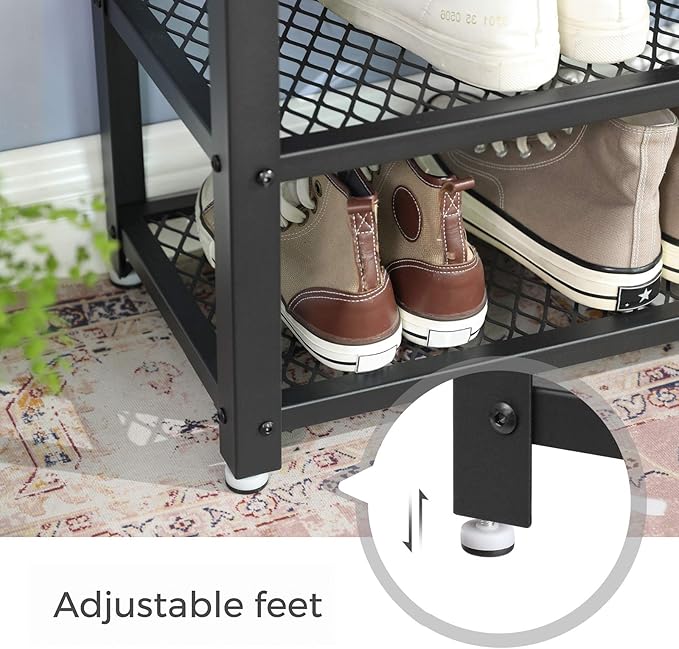 VASAGLE 3-Tier Shoe Rack, Shelf Storage Bench with Metal Mesh Shelves and Seat, Free Standing Shoe Organizer for Entryway, 11.8 x 28.7 x 17.7 Inches, Greige and Black ULBS73MB