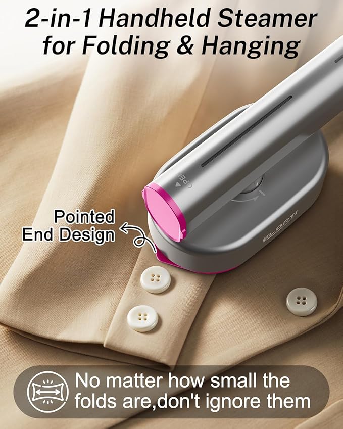 ELORTI Travel Steamer for Clothes, Handheld & Portable 2-in-1 Design, 10s Rapid Heat, 1200W Rotating Head, Compact Size 110–120V for Travel, Home (Pink)