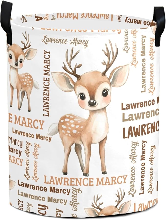 Large Custom Name Laundry Hamper, Deer Personalized Dirty Clothes Hamper Storage Basket with Name for Bathroom Bedrooms, Customized Name Circular Hamper with Handles for Baby Boys Girls Men Women
