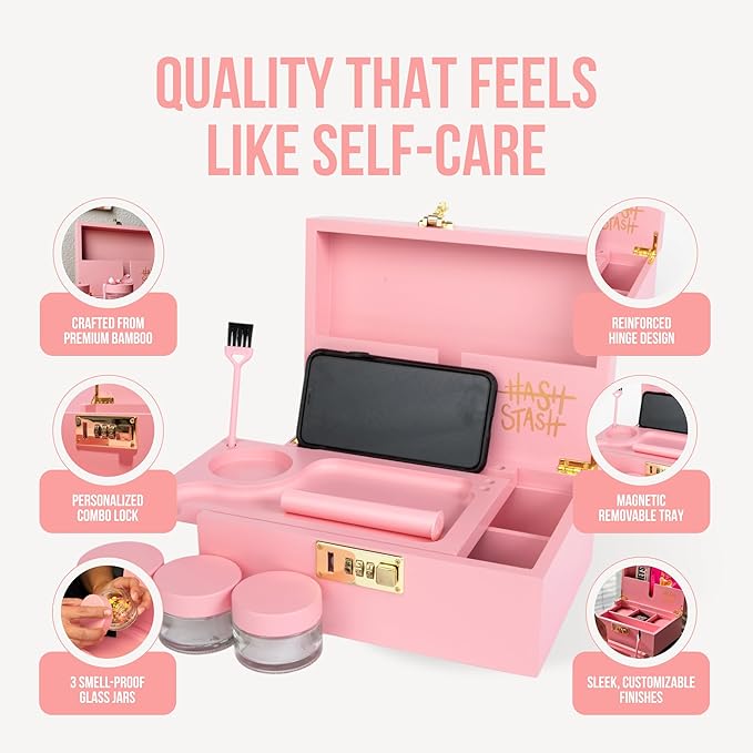 HASHSTASH The OG Storage Box - Large Bamboo Box with Combination Lock, Magnetic Lid, Organizer Tray, Tube, Brush and 3 Jars - Discreet Decorative Stash Storage Lock Box with Accessories (Pink/Gold)