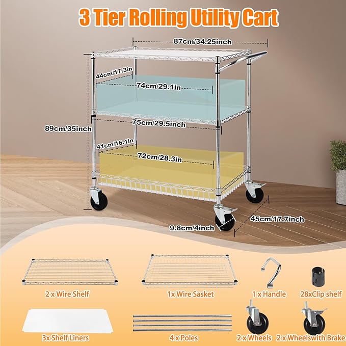 3-Tier Rolling Utility Cart 30" D x 18" W x 35" H Heavy Duty Carbon Steel Storage Cart with Adjustable Shelves PP Panels Locking Casters for Kitchen Bathroom Office