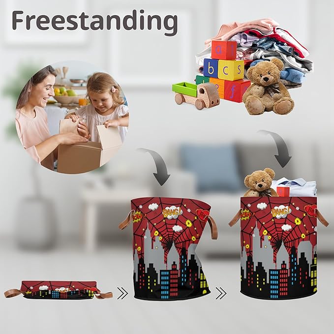 Boys Laundry Hampers for Bedroom Spider Web Collapsible Sturdy Dirty Clothes Basket with Handles for Kids Room Bathroom Living