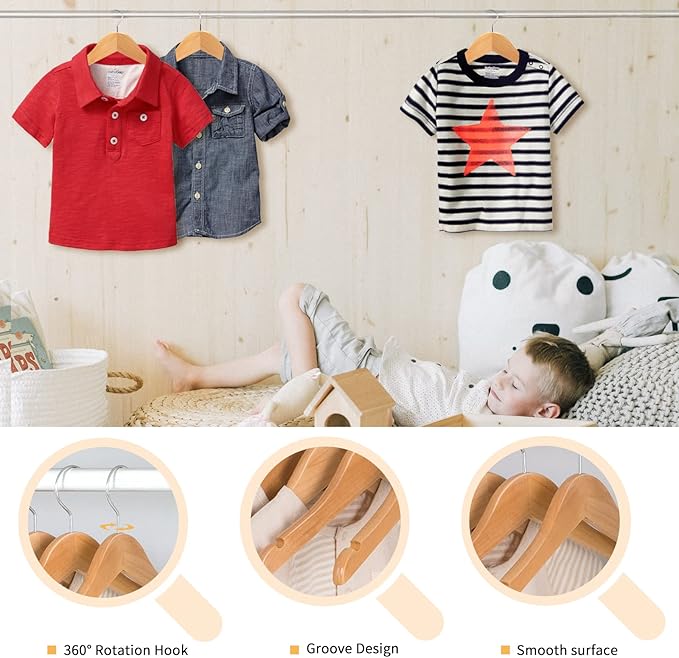 Nature Smile Kids Baby Children Toddler Wooden Shirt Coat Hangers with Notches and Anti-Rust Chrome Hook Pack of 10 (Natural)