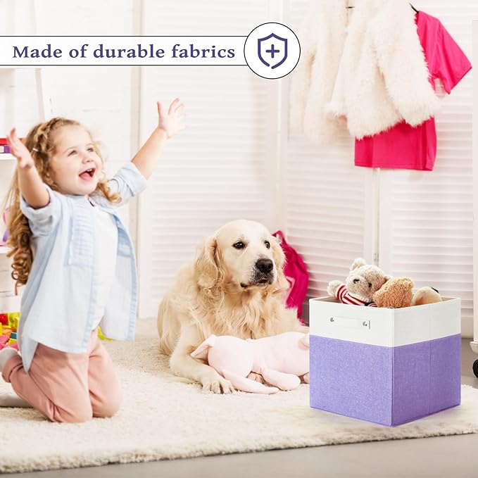 13 x 13 Inch Fine Linen Storage Bins with Handles，Fabric Cube Boxs，Basket Organizers for Shelves for Home, Closet Drawers (White/Purple-6 Pack)
