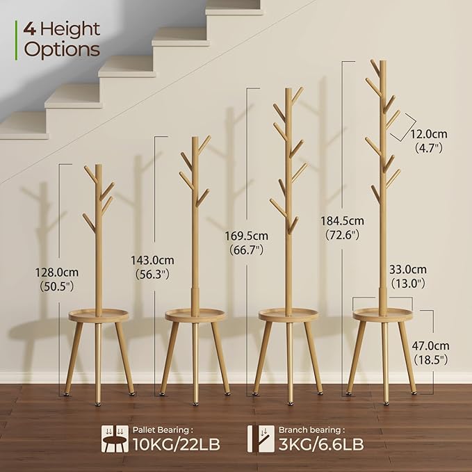 GREENSTELL Coat Rack with 8 Hooks, Wooden Coat Rack Freestanding with Shelf, Coat Tree with 4 Height Options 50.5"-72.6", Coat Hanger Stand for Bags, Clothes, Umbrellas, Hats, in Home, Natural