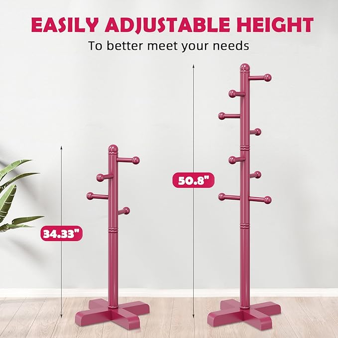 Coat Rack, Freestanding Coat Racks with 8 Hooks 2 Adjustable Height, Tree Coat Rack for Bedroom, Hallway, Entrance, Office, Hats, Handbags,Purse (Dark-Rose)