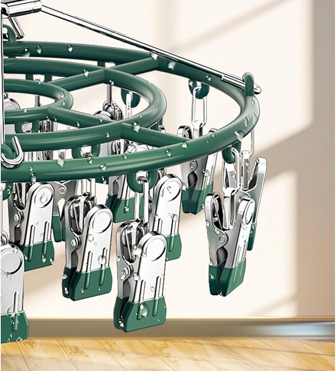 Drying Rack for Sock, Stainless Steel Sock Drying Rack with 24 Clips, Swivel Hook Windproof Hanger for Sock, Bras, Towel, Underwear, Laundry, Hat, Scarf, Pants, Gloves (Green)