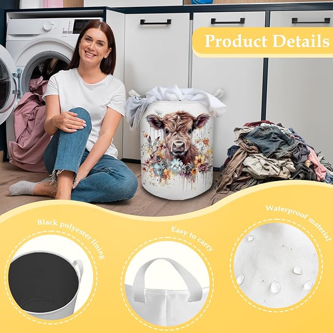Cow Laundry Basket, Farmhouse Floral Cow Waterproof Collapsible Laundry Hamper Dirty Clothes Storage Toy Bin Organizer for Bathroom Bedroom Nursery Girls Kids Room