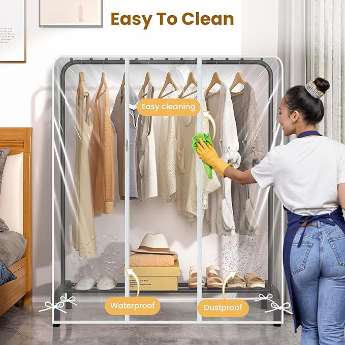 Garment Rack Cover waterproof ransparent Clothes Rack Cover, PEVA Dustproof Wardrobe Hanging Protector Rack Organizer with 2 Smooth Zipper (60 * 20 * 43.3inch)