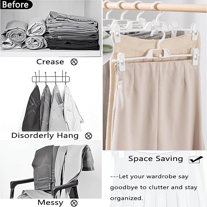 Plastic Pant Hangers with Clips, 10 Pcs Pants Hangers with 360°Rotating & Adjustable Clips, Stackable Clothes Hanger for Skirt, Closet Organizer and Storage | Space Saving (White)