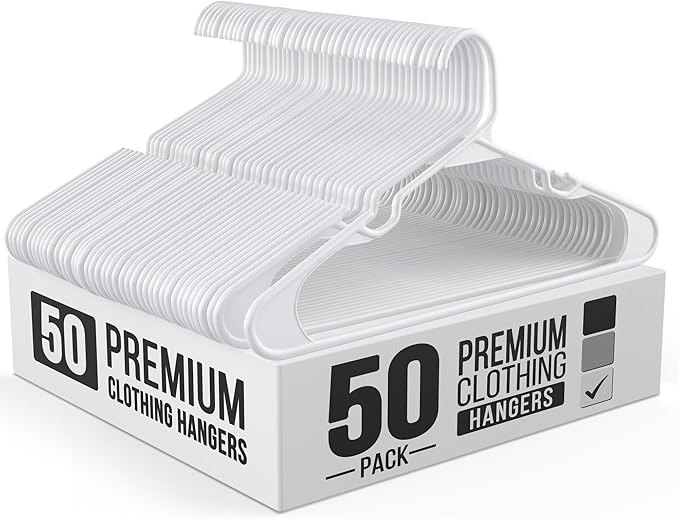 50 Pack Adult Plastic Hanger for Shirt Pants Coats Dresses Skirts Suits Jackets - Standard Thick Coat Hanger - Sturdy & Durable Design with Shoulder Grooves Hook - White