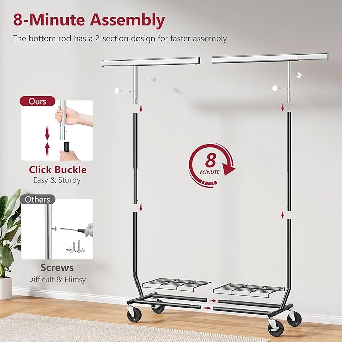 Tajsoon Clothes Rack Heavy Duty Load 350 LBS, 73.8' Extendable & Adjustable Foldable Clothing Rack for Hanging Clothes, Garment Rack with Lockable Wheels for Bedroom, Laundry Room, Black