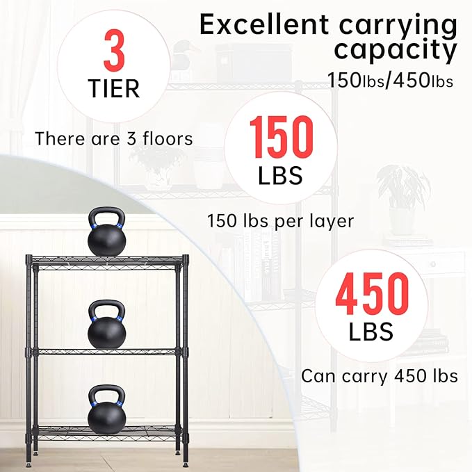 3-Tier Metal Wire Shelving Unit, Heavy Duty Adjustable Storage Rack for Laundry Room, Pantry, Kitchen, Garage Organization and Storage, Small Space Shelves (Black, 23"L × 13.2"W × 30.2"H)
