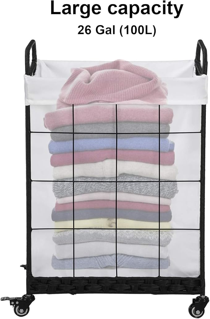 Heavy Duty Laundry Hamper with Lockable Rolling Wheels – Durable, Collapsible Laundry Basket Featuring Removable Liner Bag & Metal Handle (White)