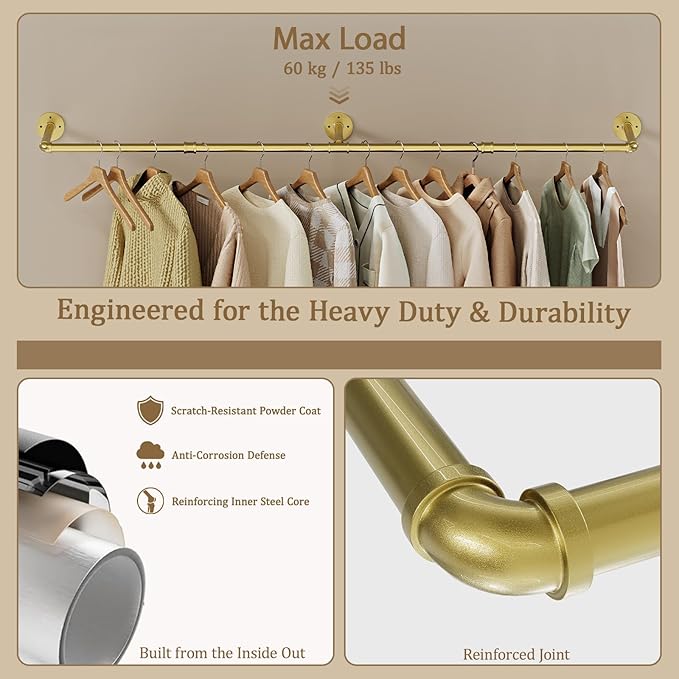 Wall Mounted Clothes Rack, Industrial Pipe Clothing Rack 60 Inch Gold, Wall Clothes Hanger for Bedroom, Cloakroom, Closet, Hallway, Boutique Display, Drying Racks Wall-Mount for Laundry