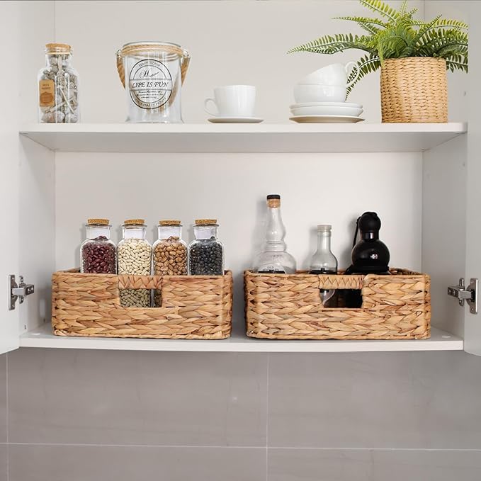 Rectangular Water Hyacinth Storage Baskets, Wicker Storage Baskets for Shelves, Square Shallow Basket, Woven Drawer Basket With Handle, 13” L x 10.6” W x 4.5” H