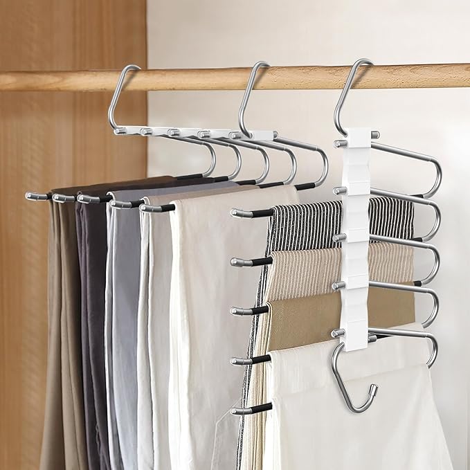 3 Pack Pants Hangers Space Saving, Anti-Slip Multi-Functional Pants Rack, Thickened Stainless Steel Tube, Two Hanging Modes Suitable for Jeans Trousers Skirts Scarf-White