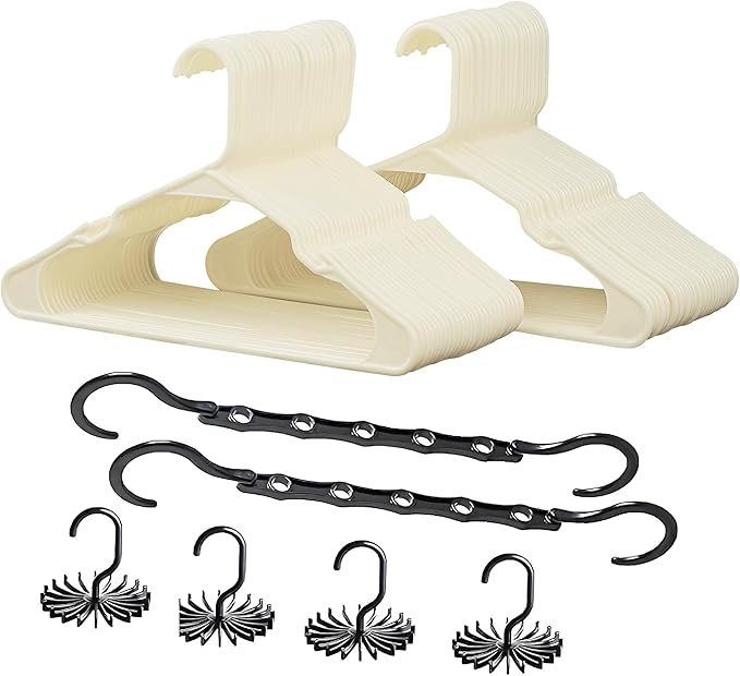 VECELO 50 Pack Plastic Hangers-Clothes Hangers Set with Shoulder Non Slip Notches for Closet Space Saving-Heavy Duty Coat Hanger,Beige