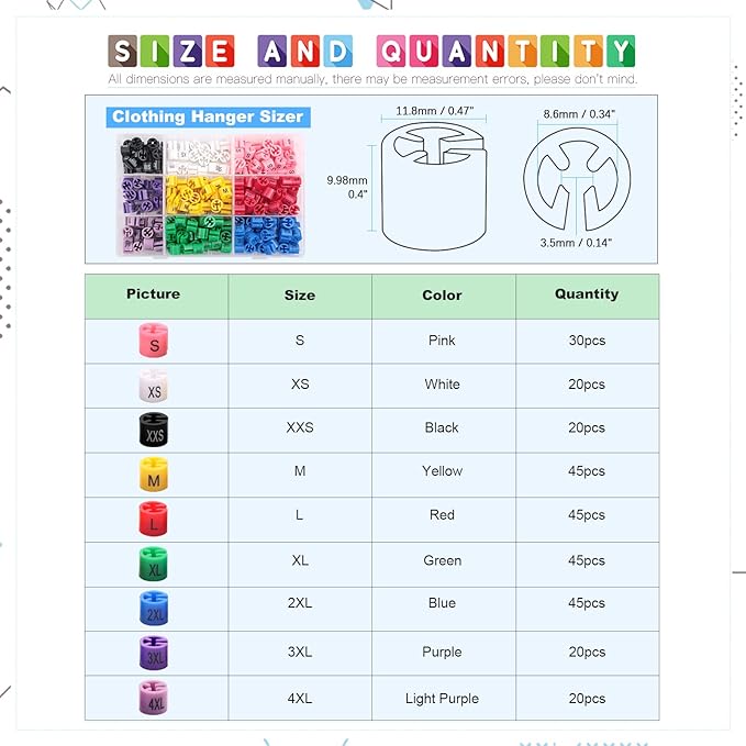 Glarks 290Pcs 9 Colors『XXS - 4XL』Colored Hanger Sizer Garment Size Markers Color Coded Size Clips Assortment Set Fit for 2-4mm Hanger Hook Used for Wire Hangers