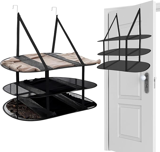 2Pcs Over The Door Drying Rack with 4 Hooks,3 Tier Sweater Drying Rack with Fixed Webbing,Large Folding Mesh Clothes Drying Rack for Dorms,Bathrooms and Bedroom(Black)