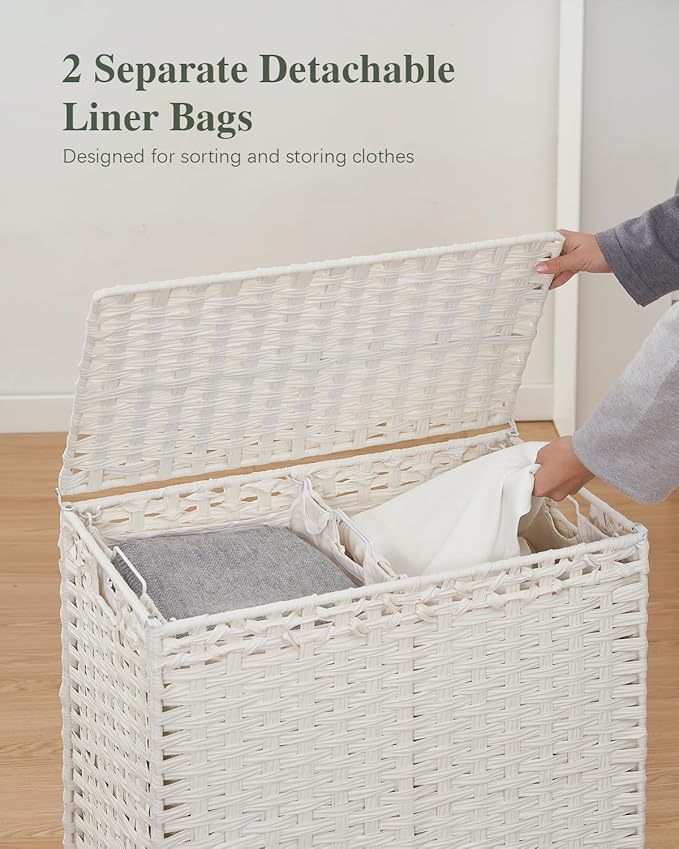 Laundry Hamper with Lid,112 L Handwoven Rattan Wicker Laundry Basket, 2 Removable Liner Bags Metal Heightened Feet,6 Mesh Bags,2 Section Large Clothes Hamper for Bathroom Bedroom, Cloud White