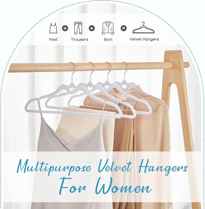 HOUSE DAY White Velvet Hangers 60 Pack, Non Slip Flocked Felt Hangers, Sturdy Velvet Clothes Hanger, Cute Heart Heavy Duty Coat Hanger, Ultra Slim for Closet Space Saving
