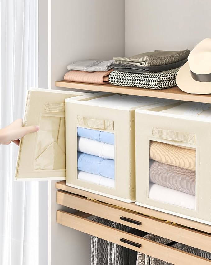 Storage Cube 11 Inch - Cube Storage Bins with Window, Closet Storage Baskets with Handle, Fabric Bins for Closet, Shelves, Toys, Clothes, Set of 14, Beige