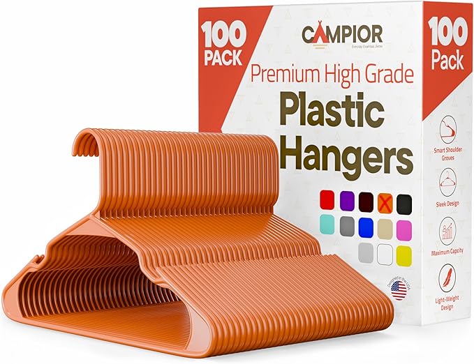 Plastic Clothes Hangers – Heavy Duty Hanger Set, for Organizing Clothes, Dresses, and Coat, Holds Up to 5 lbs, Space-Saving Hangers with Non-Slip Shoulder Grooves, Pack of 100, Orange