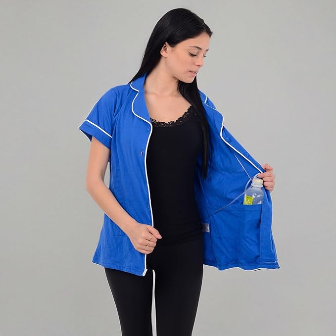 USBD Post Mastectomy Shirt with Drain Pockets Lapel Collar Post Op Button Down Recovery Tops