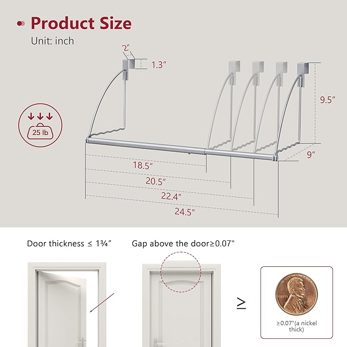Tajsoon Over The Door Hanger Expandable & Adjustable, Over The Door Hooks for Hanging Towel & Coat, Door Rack Hanger for Bathroom, Bedroom, Washroom, Fits Doors up to 1¾”, Metal, Silver