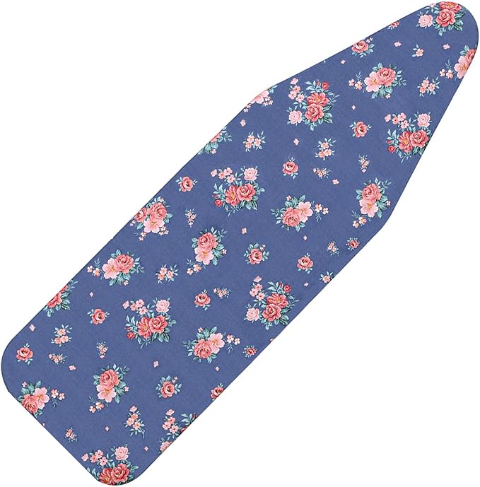 Ironing Board Cover and Pad Standard Size 15" x 54",3 Pairs of Hook and Loop Fastener Straps,Elastic Edges,Cotton Iron Board Cover with Scorch Resistant Thick Padding (Blue+Flowers)