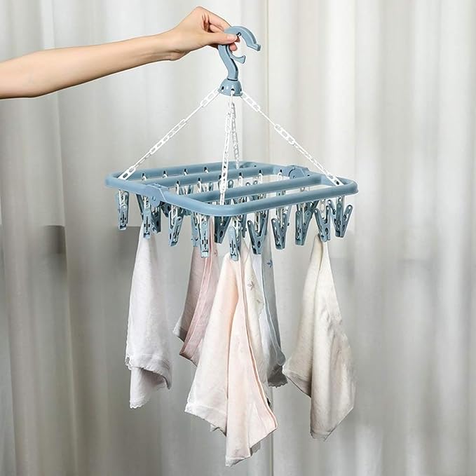 2 Pack Foldable Clothes Drying Hanger with 32 Clips, Clip and Drip Hangers Clothes Drying Rack, Underwear Hangers for Drying, Laundry Clothes Hanger for Drying Socks Lingerie Baby Clothes Towels Bras
